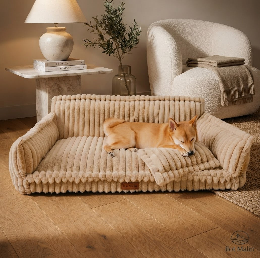 Chien confortablement installé sur le canapé-lit